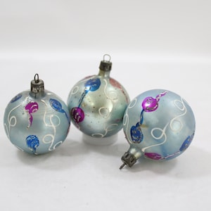 Vintage Christmas Ornaments, 1950s POLISH Glass Ornaments, Hand Painted, Silver Blue Gray Tree Ornaments, 1 3/4" Lot D59 FREE USA Ship