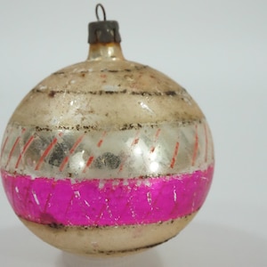 Vintage Christmas Ornament, Mercury Glass Ornament, POLAND Mid Century Christmas Tree Ball, Horizontal Stripes Ball F60 FREE USA Ship