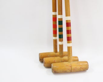 Wood Croquet Mallets, Wooden Croquet, 3 Unique Mallets, Summer Window Display, Sports Display, Folk Art,  Wood Sports, Free USA Ship