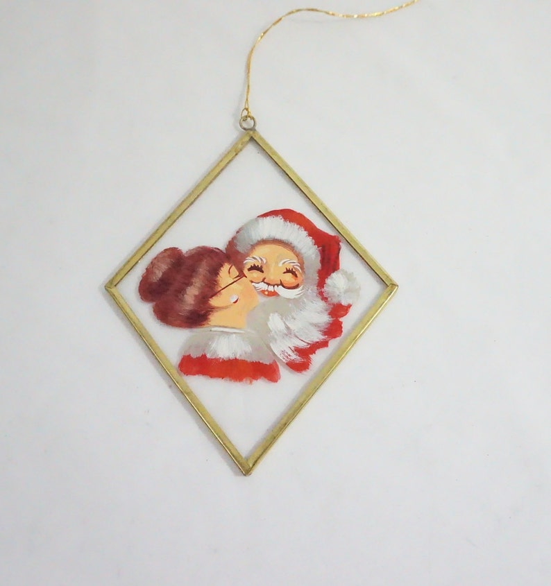 Vintage Glass Christmas Ornament Santa Claus and Mrs Claus Kissing Hand Painted Glass Ornament Hand Made Ornament Lot 721 Free Ship