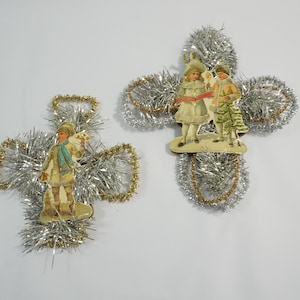 Victorian Christmas Ornaments, Dresden Style Tree Ornaments, Silver Gold Tinsel Christmas Tree Ornaments, Merrimack X06 Free USA Ship