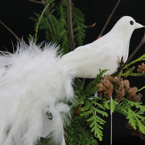 Künstlicher Vogel, gefiederter Vogel, beflockter weißer Vogel mit voll gefiedertem Schwanz, Kranz Blumenvogelkäfigvogel 11 "L Federvogel Kostenloser Versand aus den USA."