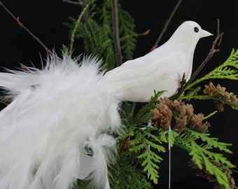 Artificial Bird, Feathered Bird, Flocked White Bird w/ Full Feathered Tail, Wreath Floral Bird Cage Bird  11" L Feather Bird Free USA Ship