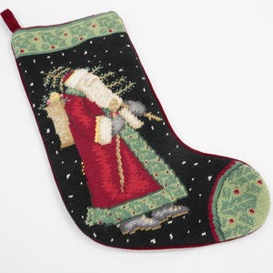 Vintage Needlepoint Christmas Stocking, Wool Needlepoint, Santa Christmas Stocking, Father Christmas Red Robe Holding Tree, Free USA Ship
