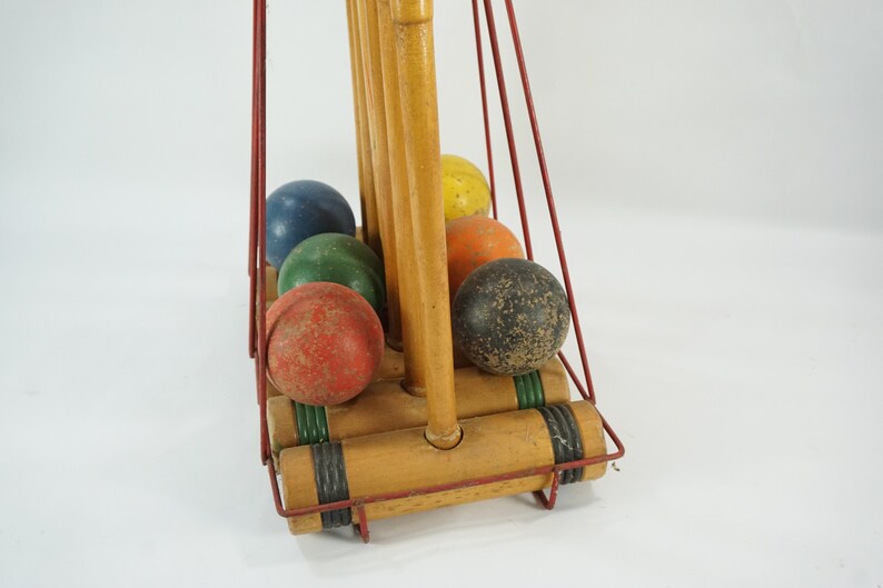 Croquet Set Vintage Wooden 6 Player 1950 S Metal Cart Frame Lawn Outdoor Summer Play