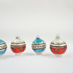 Vintage Christmas Ornaments, 4 Blue Red Glitter Tree Balls, Glitter Design Glass Ornaments, MCM Christmas Ornaments Lot S18 Free USA Ship