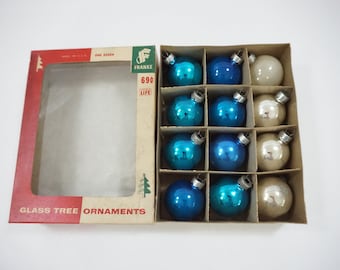 Vintage Christmas Ornaments, Christmas Tree Ornaments, Blue and Silver Glass Tree Balls 1.75" George Franke Ornaments Lot BB77 Free USA Ship