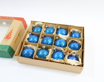 Vintage Christmas Ornaments, 2" Glass Balls, Fantasia Brand, POLISH Ornaments, Boxed Ornaments, 12 Blue Glass Balls Lot BB121 FREE USA Ship