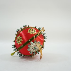 Sequin Ornament, Victorian Style Ornament, Hand Made Sequin Pin Tree Ball,  Beaded, Red Sequin Ball w Pins Ribbon Lot S41 Free USA Ship