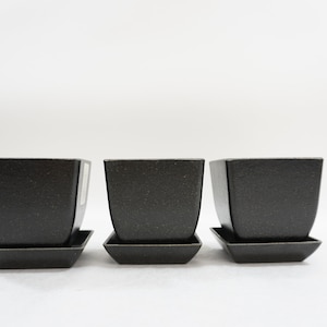 Plastic Plant Holders, 3 Pots w/ Saucers, ECOFORMS Quadro Black Containers, 3 Plastic Herb Plant Pots, 3.5&quot; H, Set of 3, 6 pcs Free USA Ship