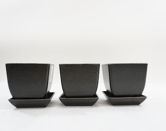 Plastic Plant Holders, 3 Pots w/ Saucers, ECOFORMS Quadro Black Containers, 3 Plastic Herb Plant Pots, 3.5&quot; H, Set of 3, 6 pcs Free USA Ship