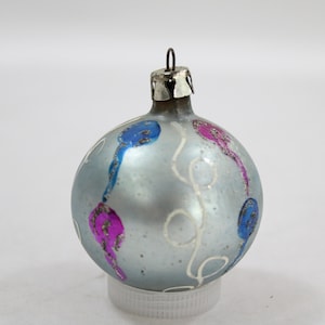Vintage Christmas Ornament, 1950s POLISH Glass Ornament, Hand Painted, Silver Blue Gray Tree Ornament, 1 3/4" Lot D60 FREE USA Ship