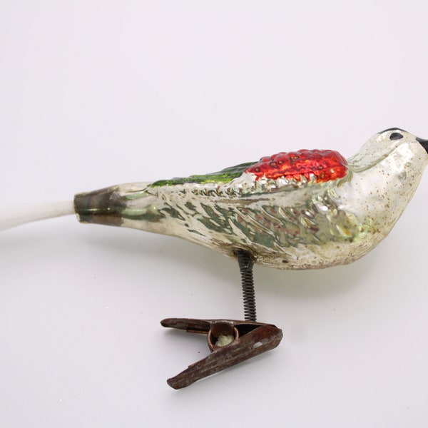 Glass Clip-On Bird, Vintage Glass Bird, Glass Bird Christmas Ornament, Antique Vintage Glass Bird w Glass Spun Tail, Lot B57 FREE USA Ship