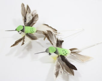 Artificial Hummingbirds, Feathered Birds, Green Hummingbirds w/ Feathered Tails, Wreath Table Decor Floral Accessories  Free USA Ship