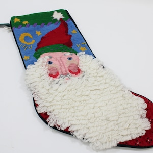 Vintage Needlepoint Christmas Stocking, Wool Needlepoint, Santa w/ Beard, Midwest Needlepoint Holiday Hearth Stocking Free USA Ship
