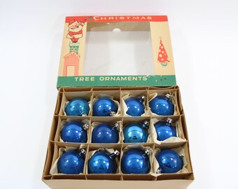 Vintage Christmas Ornaments, 2" Glass Balls, Fantasia Brand, POLISH Ornaments, 12 Blue Glass Balls, Lot BB120 FREE USA Ship