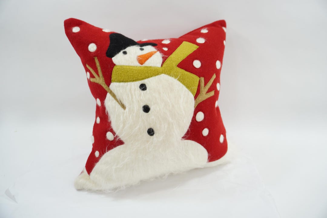 Christmas Snowman Red Barn Throw Pillow Cover – 18x18 Cotton Linen, Embroidered, Zip Closure