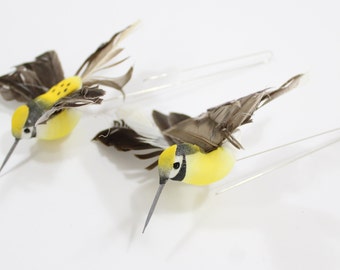 Artificial Hummingbirds, Feathered Birds, Yellow Hummingbirds w/ Feathered Tails, Wreath Table Decor Floral Accessories  Free USA Ship