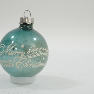 Mercury Glass Ornament, MCM Shiny Brite Blue Glass Ball 1960s Merry Christmas Tree Ball, Tree Ball w/ Holly Leaf Images 2&quot; V36 Free USA Ship
