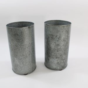 Pottery Barn Corrugated Steel Flower Vases, 2 Flower Buckets, 2 Metal Buckets, Pair of Metal Vases, Modern Country Decor 10&quot; H Free USA Ship