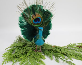 Peacock Bird, Artificial Standing Peacock Bird, Turquoise Blue Feathered Bird Party Table Wreath Bird Floral Accessory FREE USA Ship