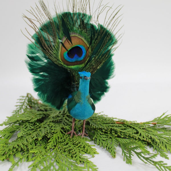 Peacock Bird, Artificial Standing Peacock Bird, Turquoise Blue Feathered Bird Party Table Wreath Bird Floral Accessory FREE USA Ship