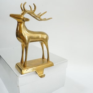Stocking Holder, Brass Stocking Holder, Heavy DEER, STAG w/ Antlers Christmas Stocking Mantle Holder,  Holiday Decor, Vintage Free USA Ship