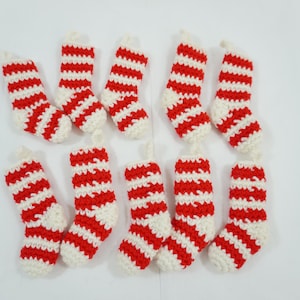 Hand made Knitted Stocking Ornaments, 10 Small Hanging Vintage Christmas Stocking Ornaments, Stocking shaped booties, Lot P93 Free USA Ship