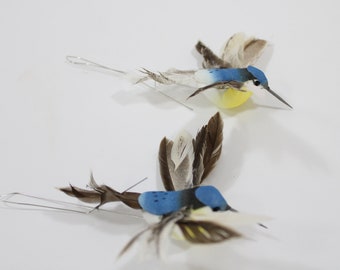 Artificial Hummingbirds, Feathered Birds, Blue Hummingbirds w/ Feathered Tails, Wreath Table Decor Floral Accessories  Free USA Ship