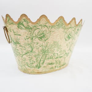 Chinoiserie Plant Holder, Cache, Toleware Planter, Vintage Oval 1990s Planter, Off White Green French Planter, Free USA Ship