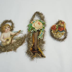 Victorian Christmas Ornaments, 3 Dresden Style Tree Ornaments, Antique Silver Tinsel Christmas Tree Ornaments, Ephemera X07 Free USA Ship