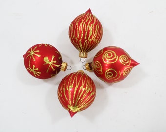 Vintage Christmas Ornaments, 4 Mercury Glass Ornaments, Made in Germany, 4 Red Tear Drops w/ Gold Glitter Designs Lot J78 Free USA Ship