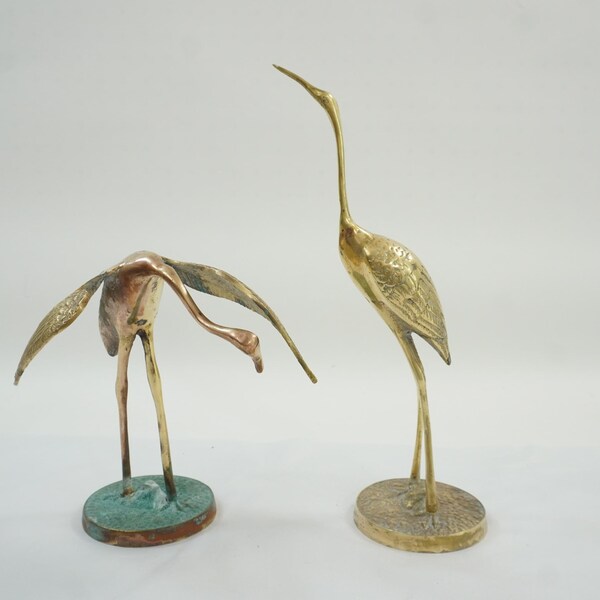 BRASS Sculptures, 2 Standing Brass Birds, Brass Decor, Heron, Crane, Etched Bird, 11 7/8" H  and 7" H  Brass Flora & Fauna, Free USA Ship