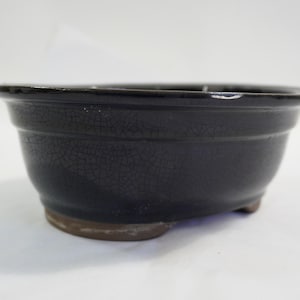 May include: A black ceramic bonsai pot with a crackle glaze. The round, low-profile container has a wide rim and a small, unglazed base. The pot is approximately 6 inches in diameter and 3 inches tall.