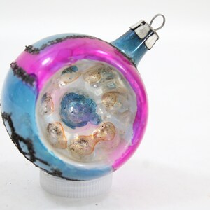 Vintage Christmas Ornament, Mercury Glass Ornament, Polish Indent, Pink Blue Ball w/ Indent Hand Painted, Floral Ball Lot D63 FREE USA Ship