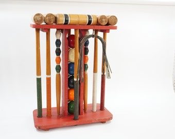 CROQUET Set, 6 Player Vintage Wooden Croquet Set, 1950's Lawn Games, Summer Fun, Wood Balls, All Wood Croquet Set, Free USA Ship