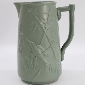 English Stoneware Pitcher, Drabware Pitcher, Matter Green Finish, Salt Glaze Pottery, Birds Bamboo Antique Victorian Stoneware Free USA Ship