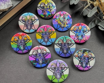 Black Philip Pride Flag Holo Button / 37mm / 1.46 inches / Pentagram Witchy Pride Button Pin