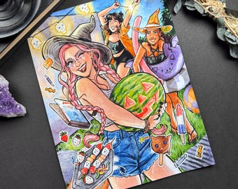 May include: A colorful illustration depicts three women celebrating. One holds a carved watermelon, another holds a sparkler, and the third has a purple inflatable. The artwork includes food and Halloween-themed stickers.