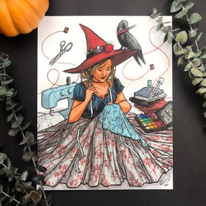 Witchtober Witch / "Stitch Witch" / Signed Print Original Watercolor