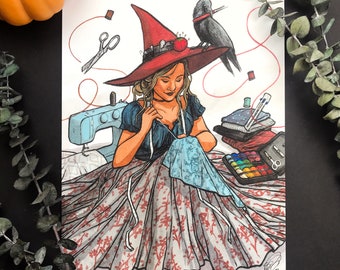 Witchtober Witch / &quot;Stitch Witch&quot; / Signed Print Original Watercolor
