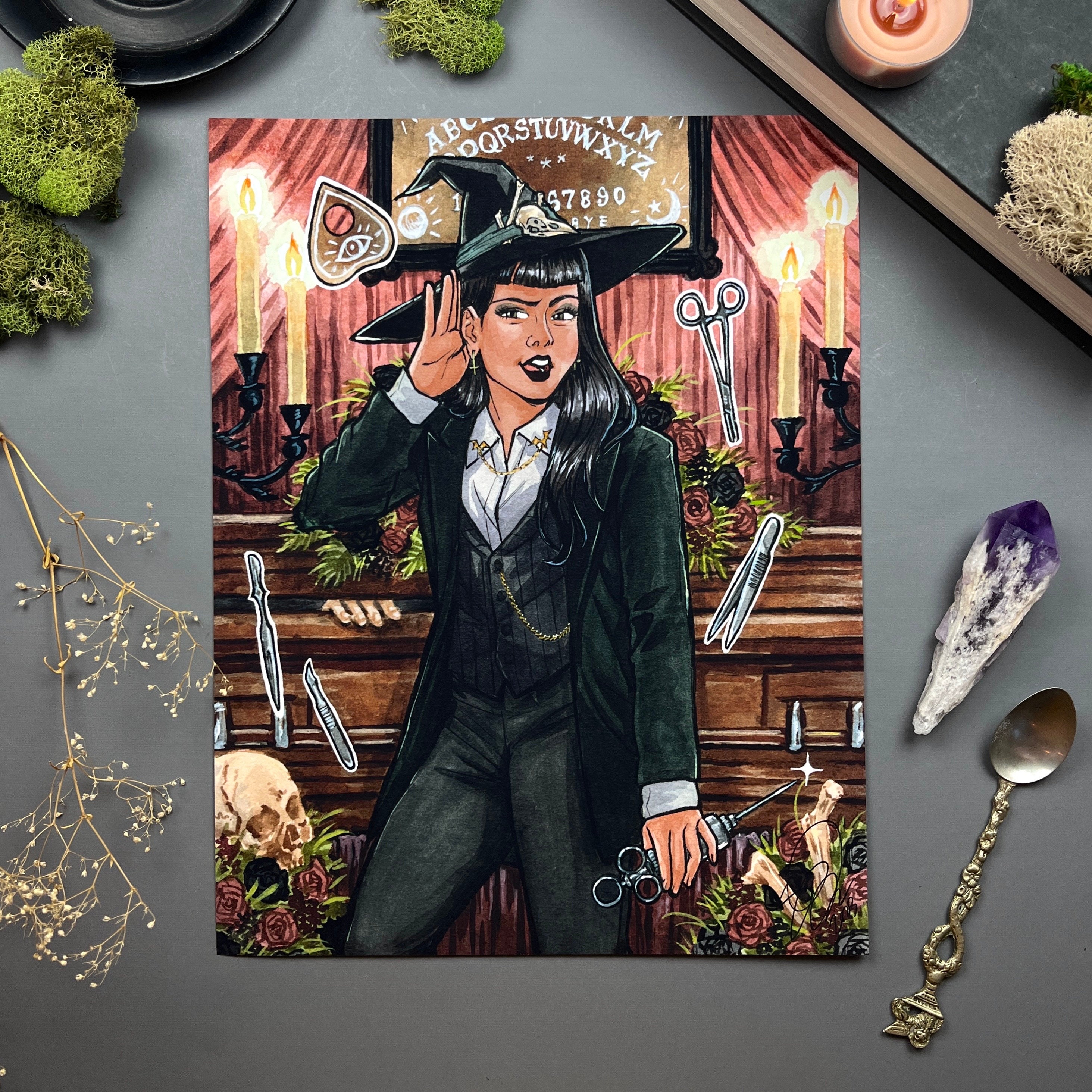 Mortician Witch / Witchtober Witch / Signed Print Original Watercolor