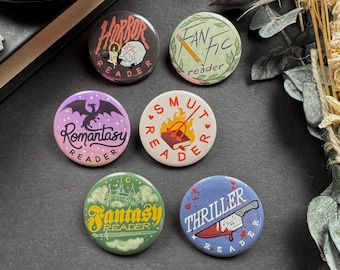 Book Genre Reader Buttons / 37mm / 1.46 inches / Bookish Button