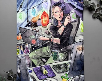 Witchtober Witch / "Tech Witch" / Signed Print Original Watercolor