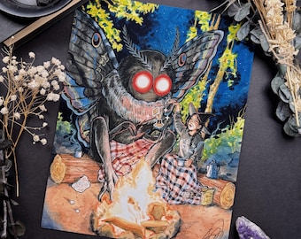 Mothman Witch / Cryptid Witch / Signed Print Original Watercolor