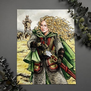 May include: A watercolor illustration of a woman in a green cloak and chainmail armor, holding a sword. She has long, flowing blonde hair and is standing in a field with a large structure in the background.