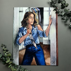 May include: A watercolor illustration of a woman holding a bloody knife. She is wearing a blue button-down shirt and blue jeans. The background is a blurry image of a closet.