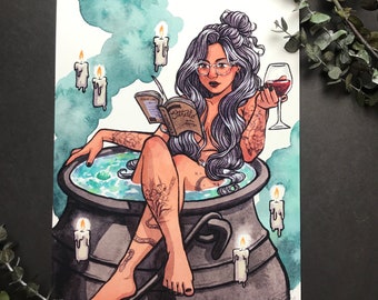 Bath Time 2.0 / Witch Print / Signed Print Original Watercolor