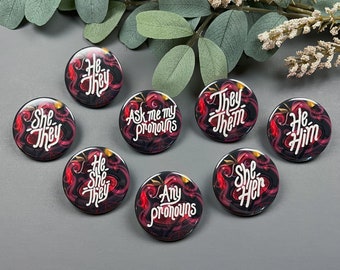 Witchy Pronouns Button / 37mm / 1.46 inches / Red Witch Pronoun Button
