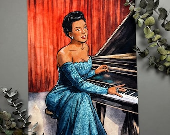 O Pianista / Hazel Scott / Impressão Assinada Aquarela Original / Desafio de Galentine